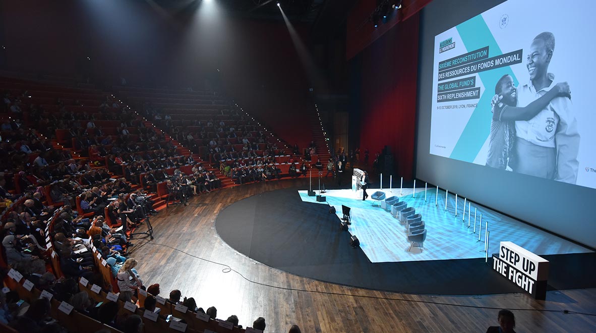 L’amphithéâtre du Centre des congrès de Lyon, en France, où s’est tenue la sixième Conférence de reconstitution des ressources du Fonds mondial les 9 et 10 octobre 2019.