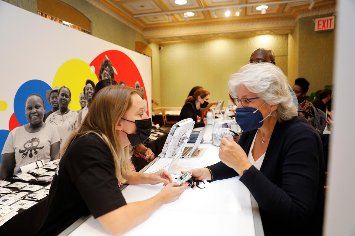 <p>The registration desk at the Global Fund’s “Fight for What Counts” Seventh Replenishment campaign event at Gotham Hall, New York, 18 September 2022. The Global Fund/Tim Knox</p>