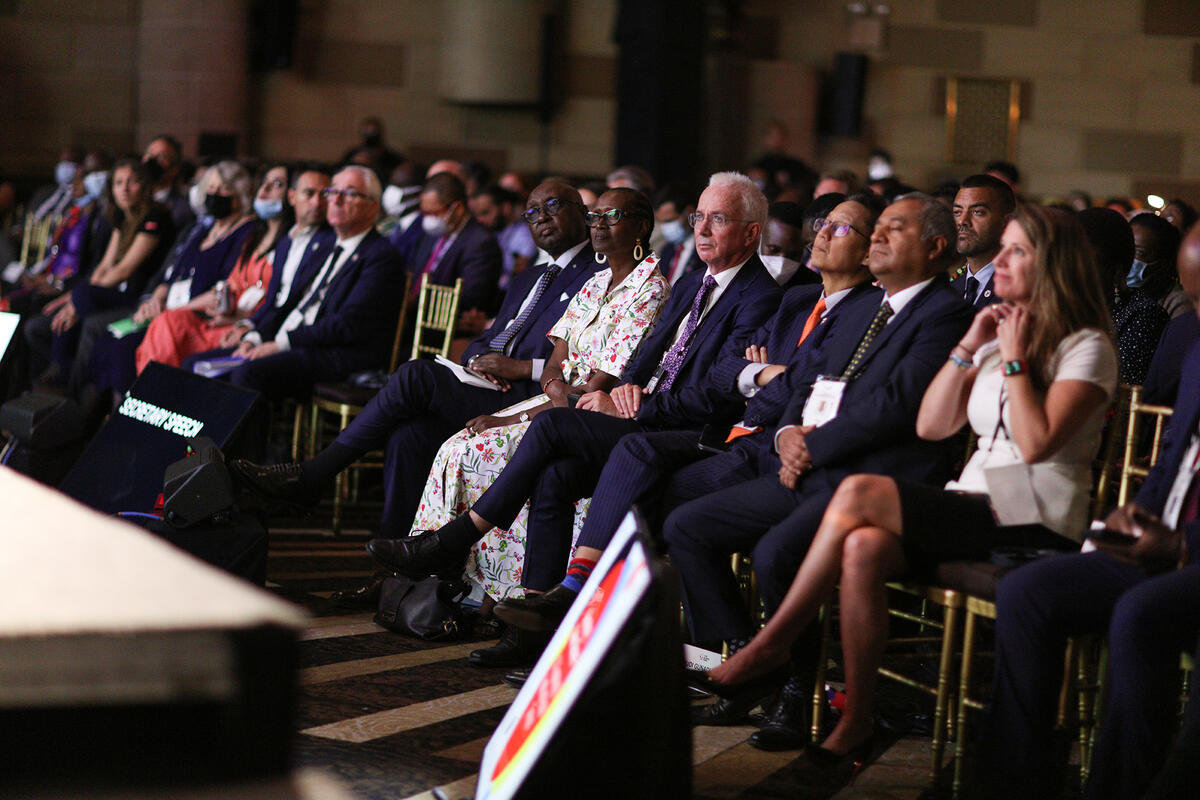 <p>Members of the audience listen to a speech by Secretary Xavier Becerra, U.S. Department of Health and Human Services. The Global Fund/Terri Diamond</p>