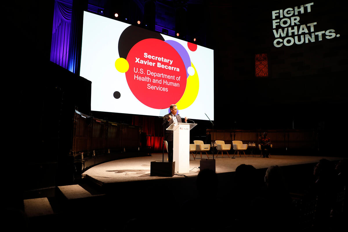 <p>Secretary Xavier Becerra, U.S. Department of Health and Human Services, speaks at the Global Fund’s “Fight for What Counts” Seventh Replenishment campaign event at Gotham Hall, New York, 18 September 2022. The Global Fund/Tim Knox</p>