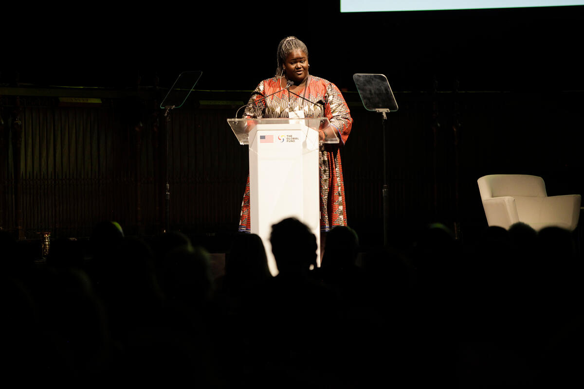 <p>Malaria survivor Krystal Birungi shares a personal story about her fight against malaria in Uganda at the “Fight for What Counts” campaign event, Gotham Hall, New York, 18 September 2022. The Global Fund/Tim Knox</p>