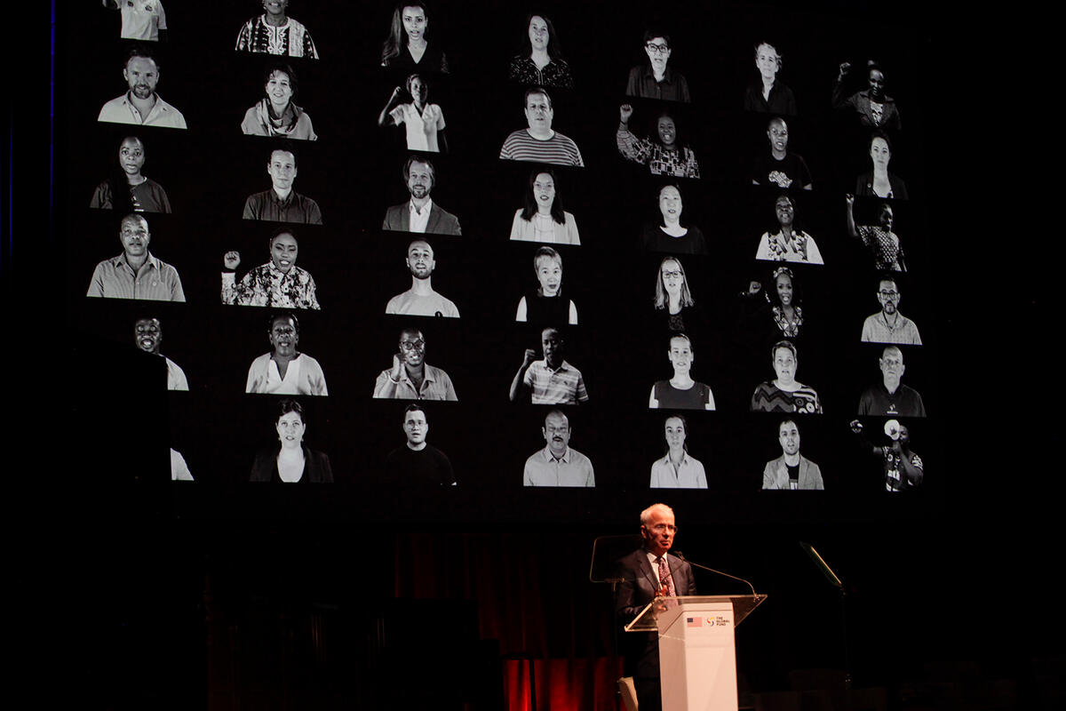 <p>Global Fund Executive Director Peter Sands addresses the audience at the Global Fund’s “Fight for What Counts” Seventh Replenishment campaign event at Gotham Hall, New York, 18 September 2022. The Global Fund/Tim Knox</p>