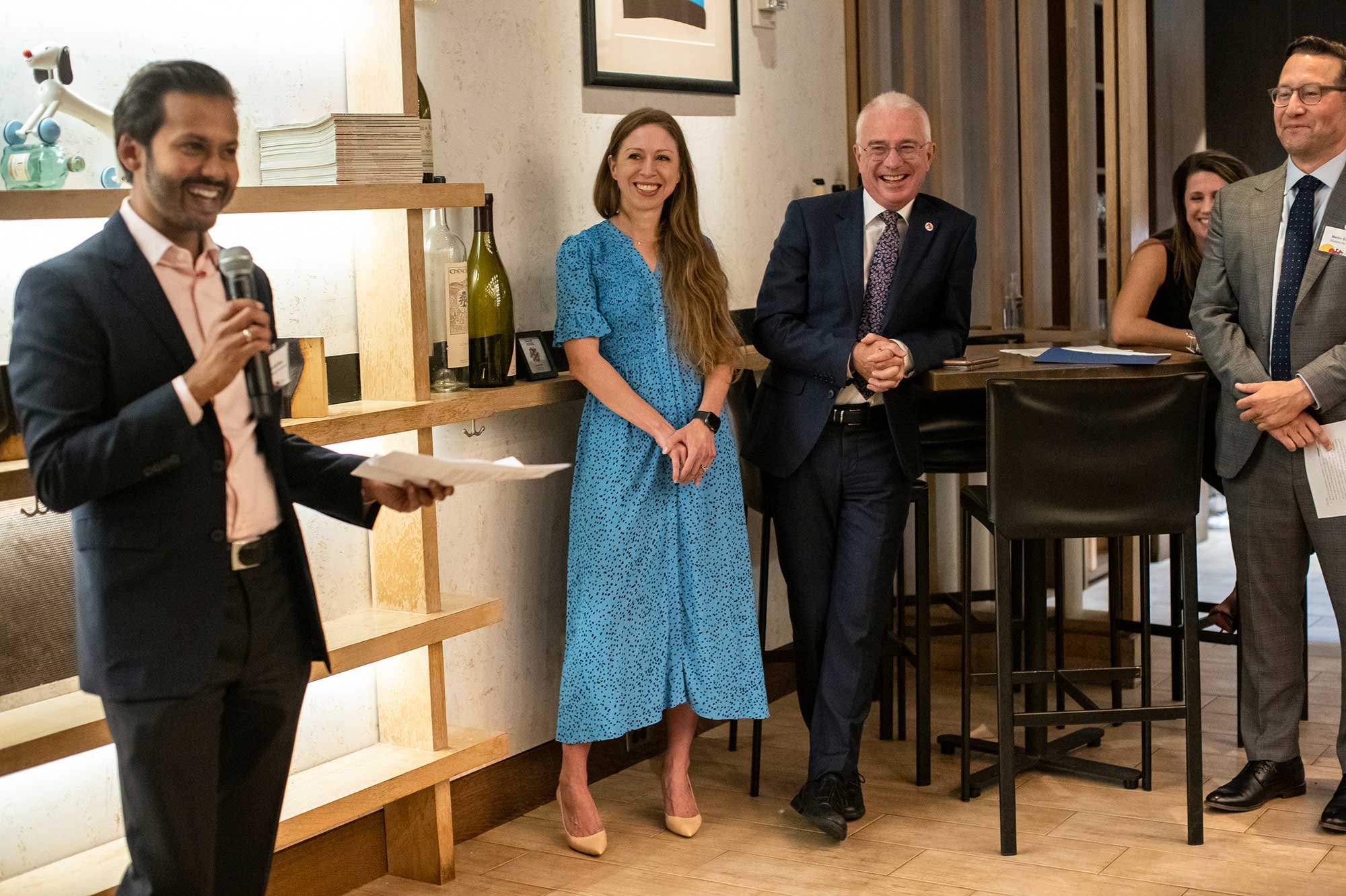 <p>Investor and philanthropist Suprotik Basu, Vice Chair of the Clinton Foundation Chelsea Clinton and Global Fund Executive Director Peter Sands at an event co-hosted by the Global Fund and the Clinton Global Health Access Initiative in New York City on September 16, 2022. <em>The Global Fund/Ayano Hisa</em></p>