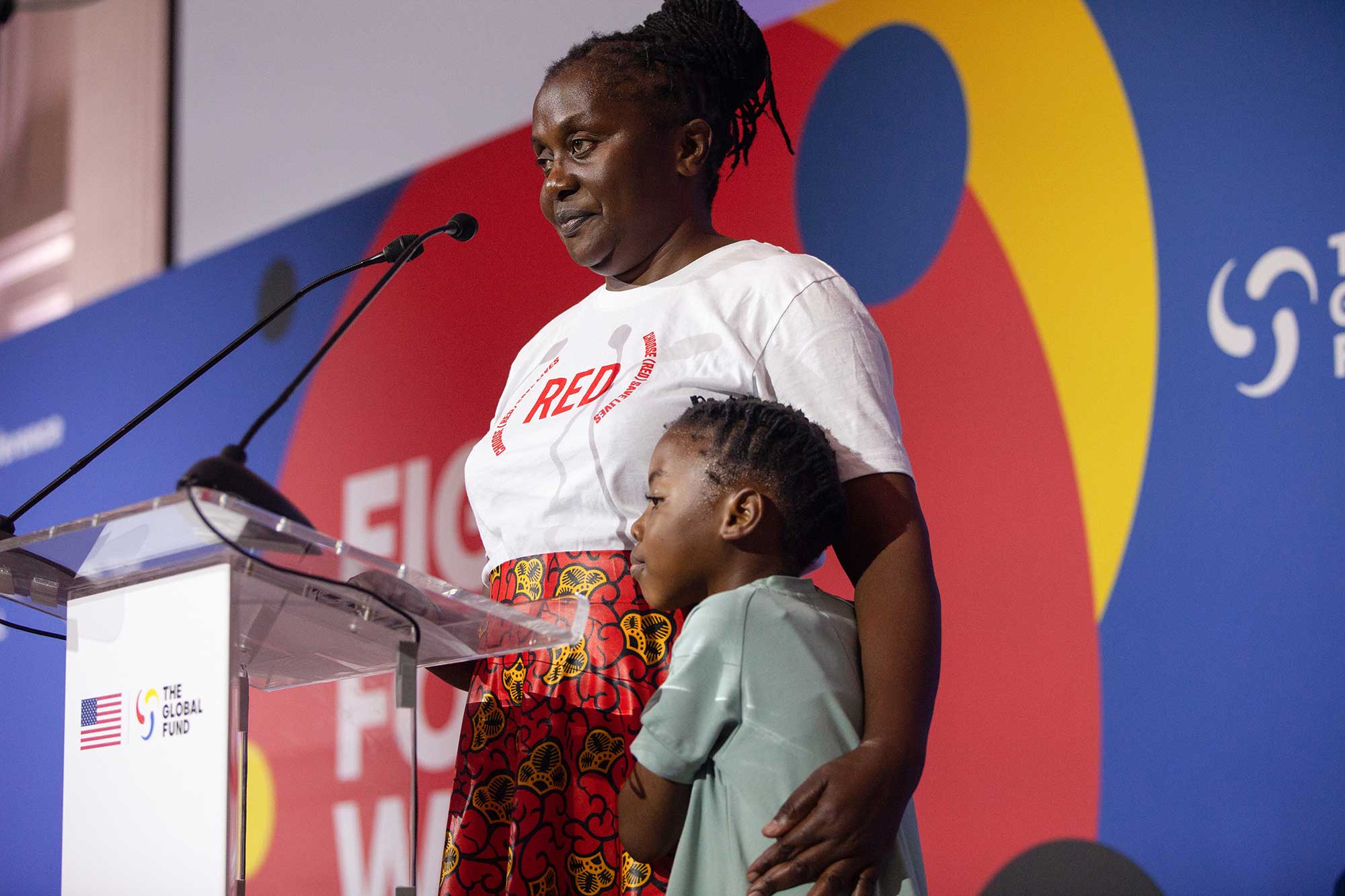 <p>(RED) Ambassador and AIDS activist Connie Mudenda and her daughter Lubona participate in the Global Fund’s Seventh Replenishment Pledging Conference in New York City on September 21, 2022. <em>The Global Fund/Tim Knox</em></p>