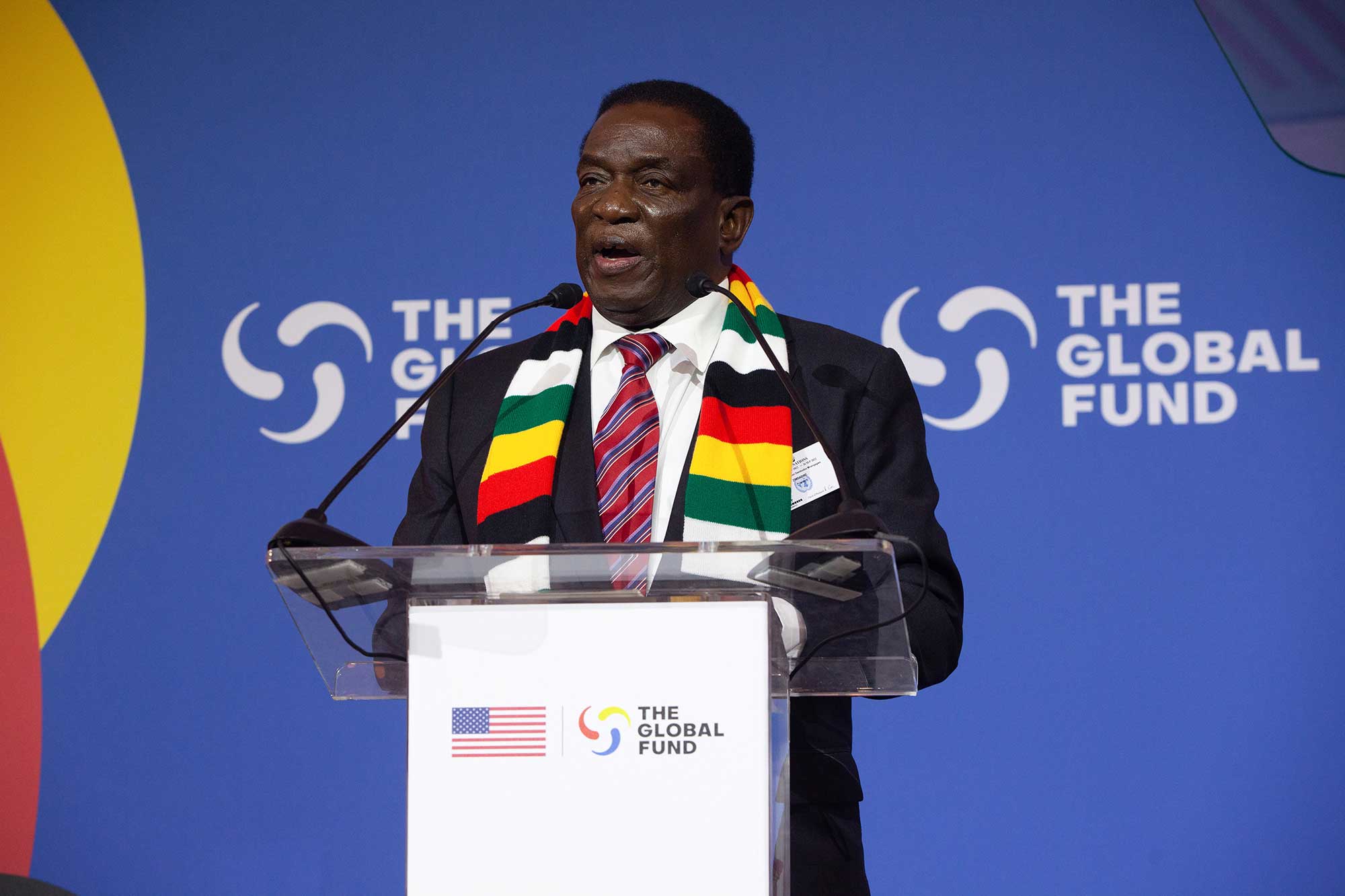 <p>Zimbabwean President Emmerson Mnangagwa speaks at the Global Fund’s Seventh Replenishment Pledging Conference in New York City on September 21, 2022. <em>The Global Fund/Tim Knox</em></p>
