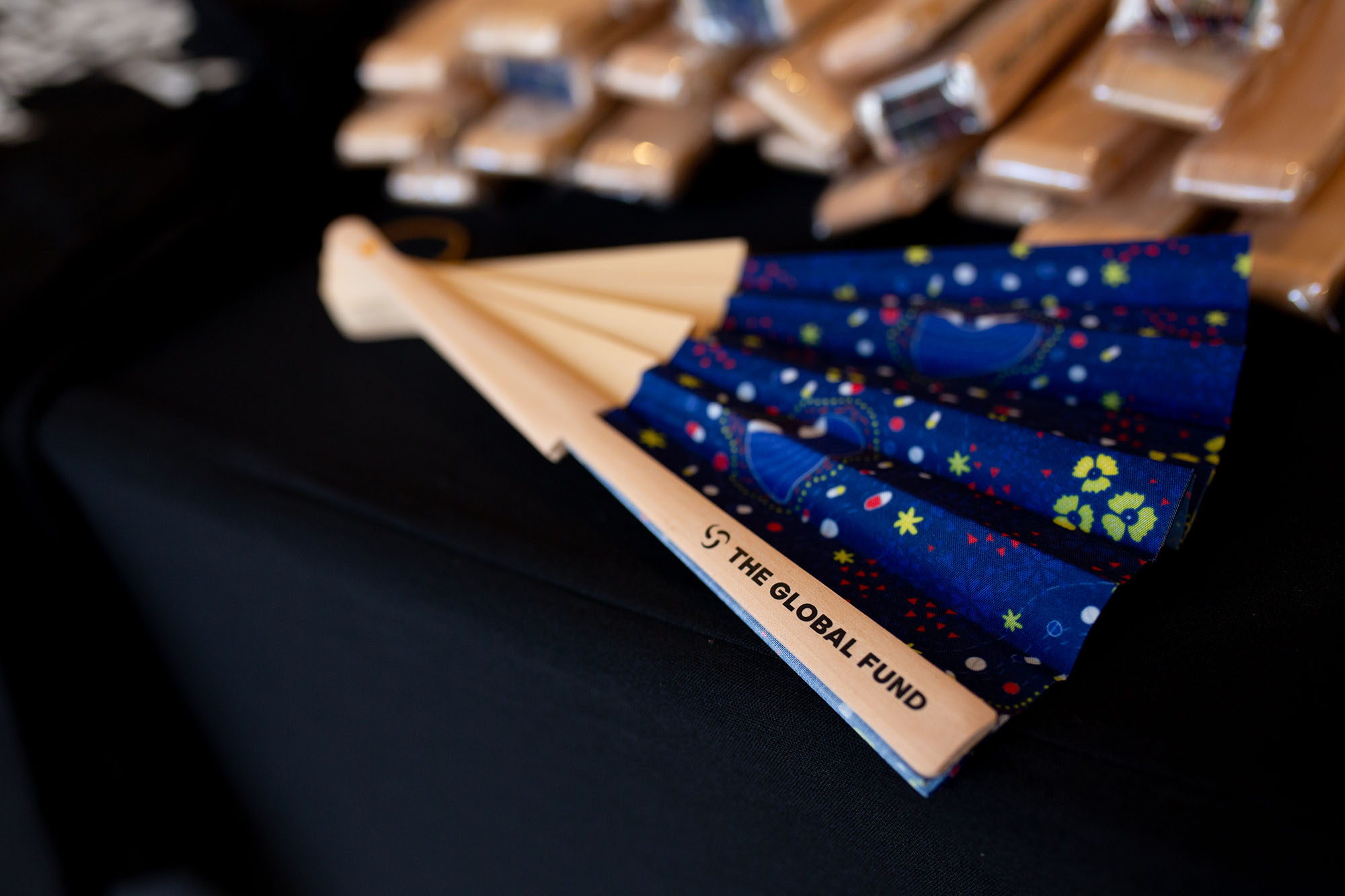 A fan made from Indonesian TB advocate Ani Herna Sari’s fabric on display at the Global Fund’s Eighth Replenishment Summit in Johannesburg on 21 November 2025.